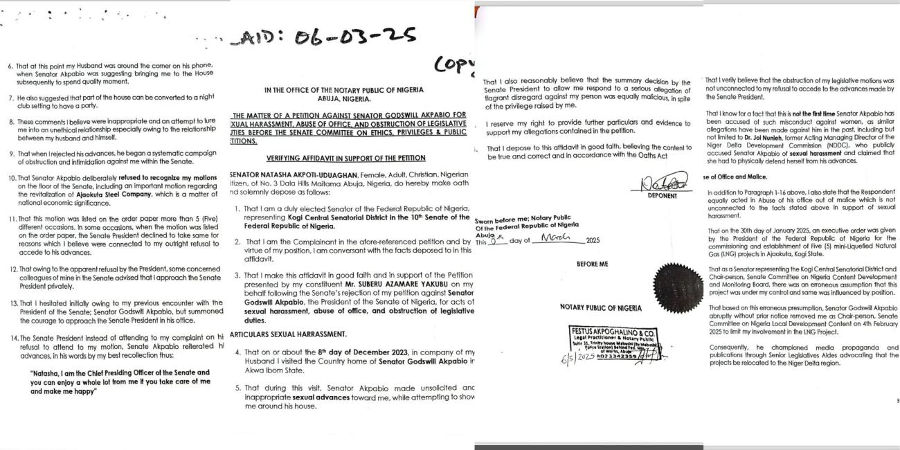 SENATOR NATASHA AKPOTI-UDUAGHAN FILES EXPLOSIVE AFFIDAVIT, ACCUSES SENATE PRESIDENT AKPABIO OF ABUSE OF OFFICE AND POLITICAL SABOTAGE
